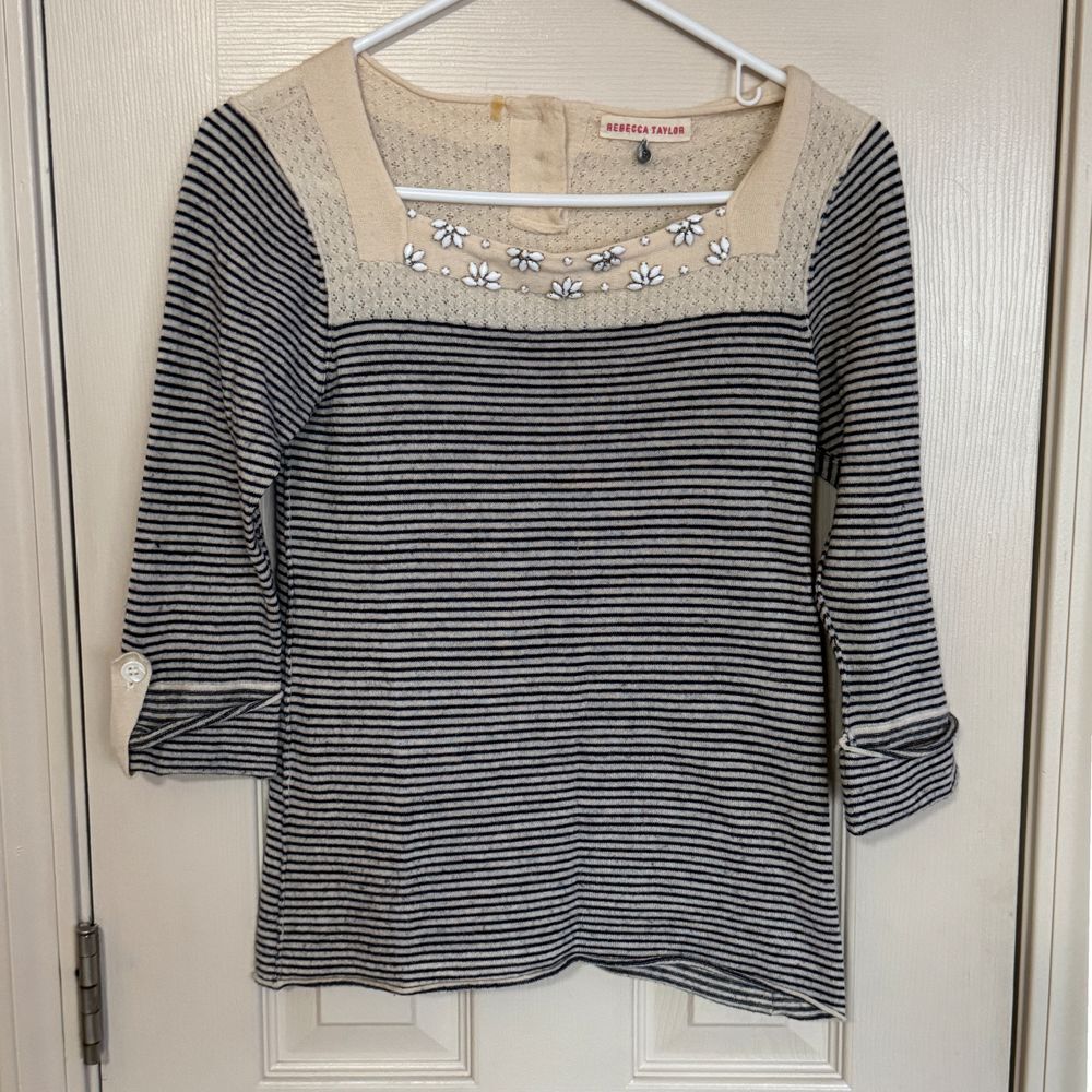 Rebecca Taylor Merino Wool Striped Beaded Sweater Blue White Pointelle Small r1